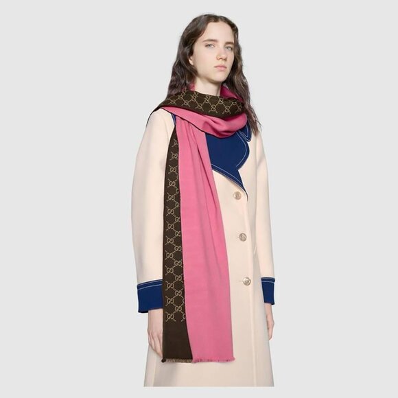 GUCCI SCARF REVERSIBLE PINK GG MONOGRAM LOGO WOOL SILK 71" - Picture 2 of 16